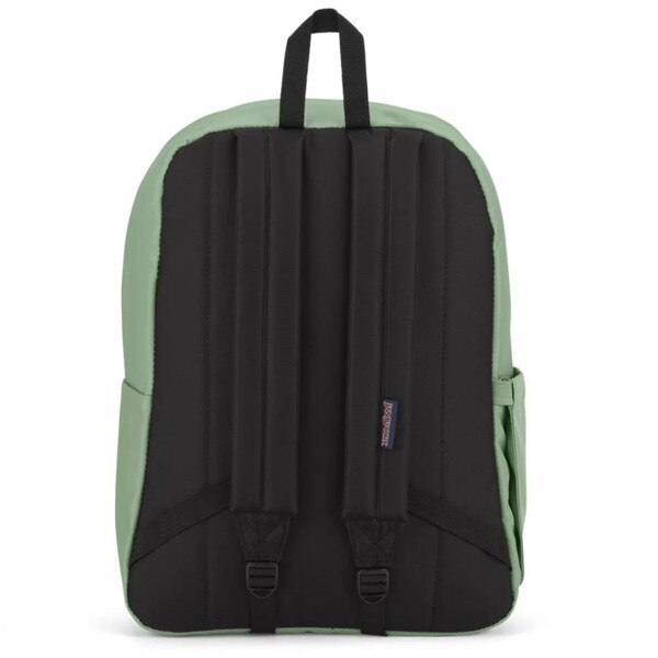 Back of light green Jansport backpack with loop on top and shoulder straps with small Jansport logo sewed into one strap with back of backpack in all black.